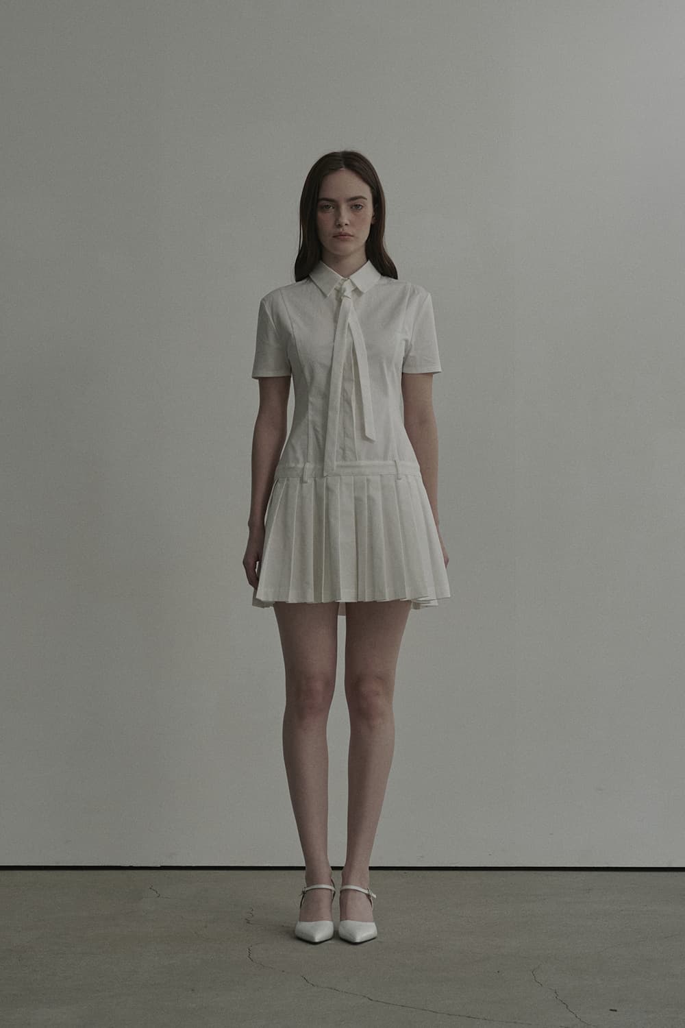Tie Pleated Shirt Dress - White
