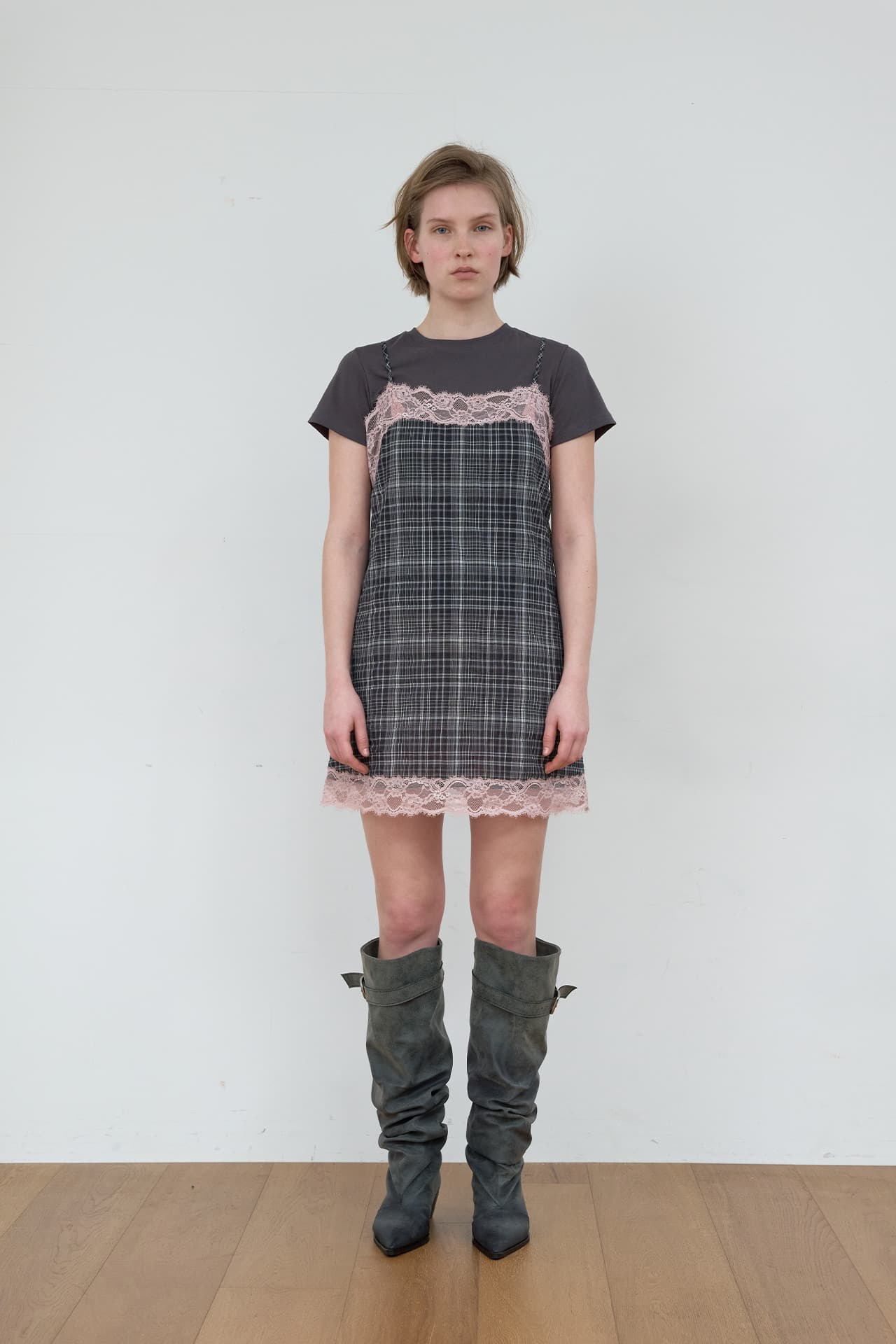 CHECK LACE DRESS_CHARCOAL