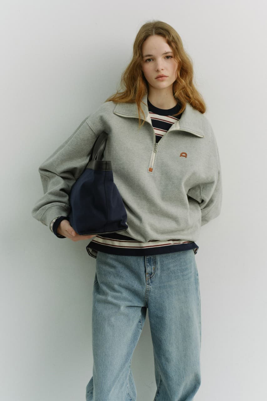 UNISEX LEATHER LOGO HALF ZIP-UP SWEATSHIRT MELANGE GREY_UDTS6A107G2