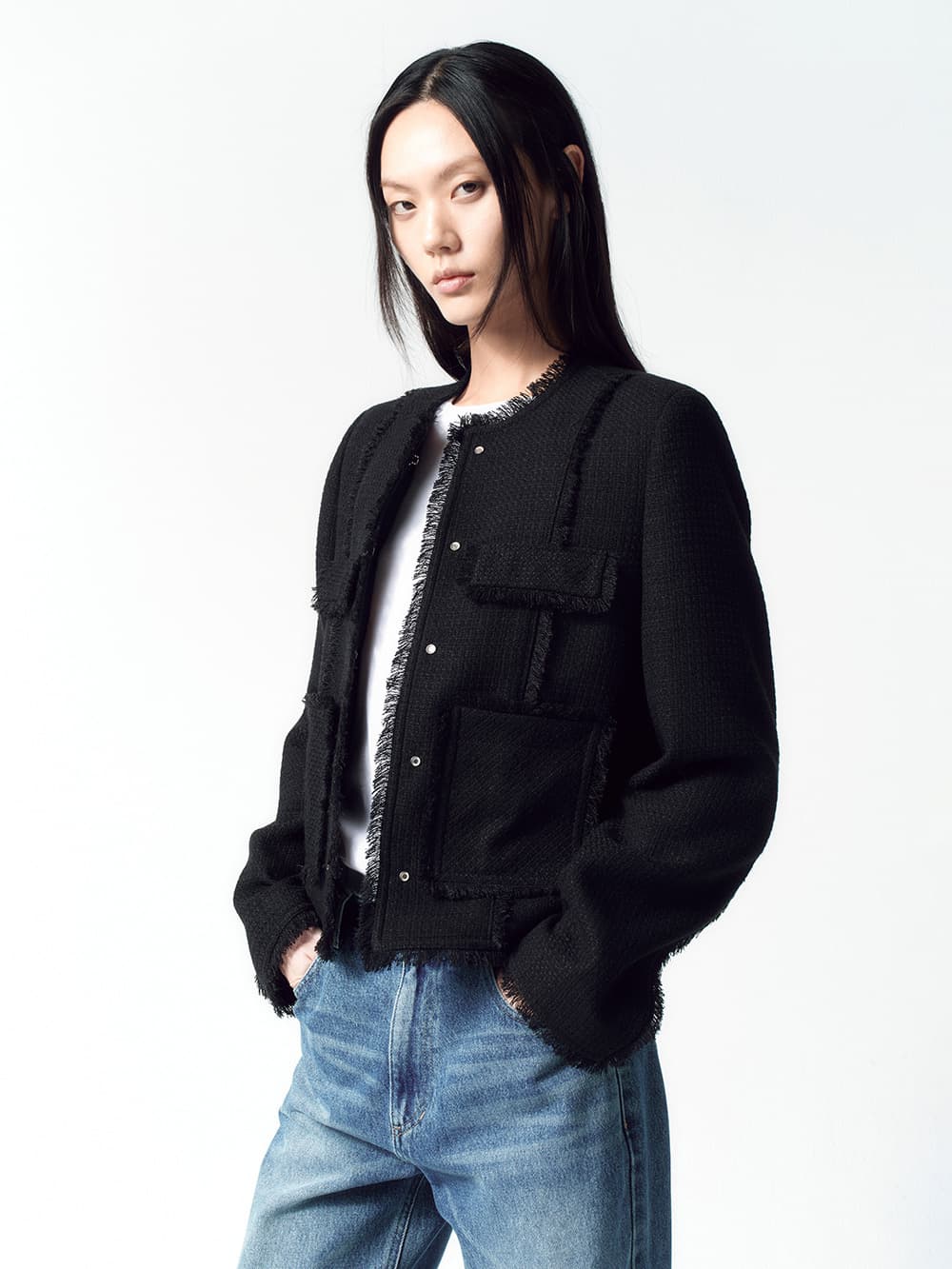 스터드 트위드 자켓 BLACK