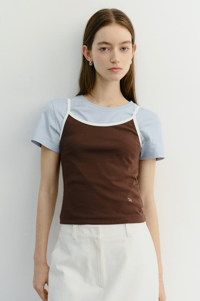 2-TONE TRIM SLEEVELESS TOP BROWN IVORY_UDTS6B229W2