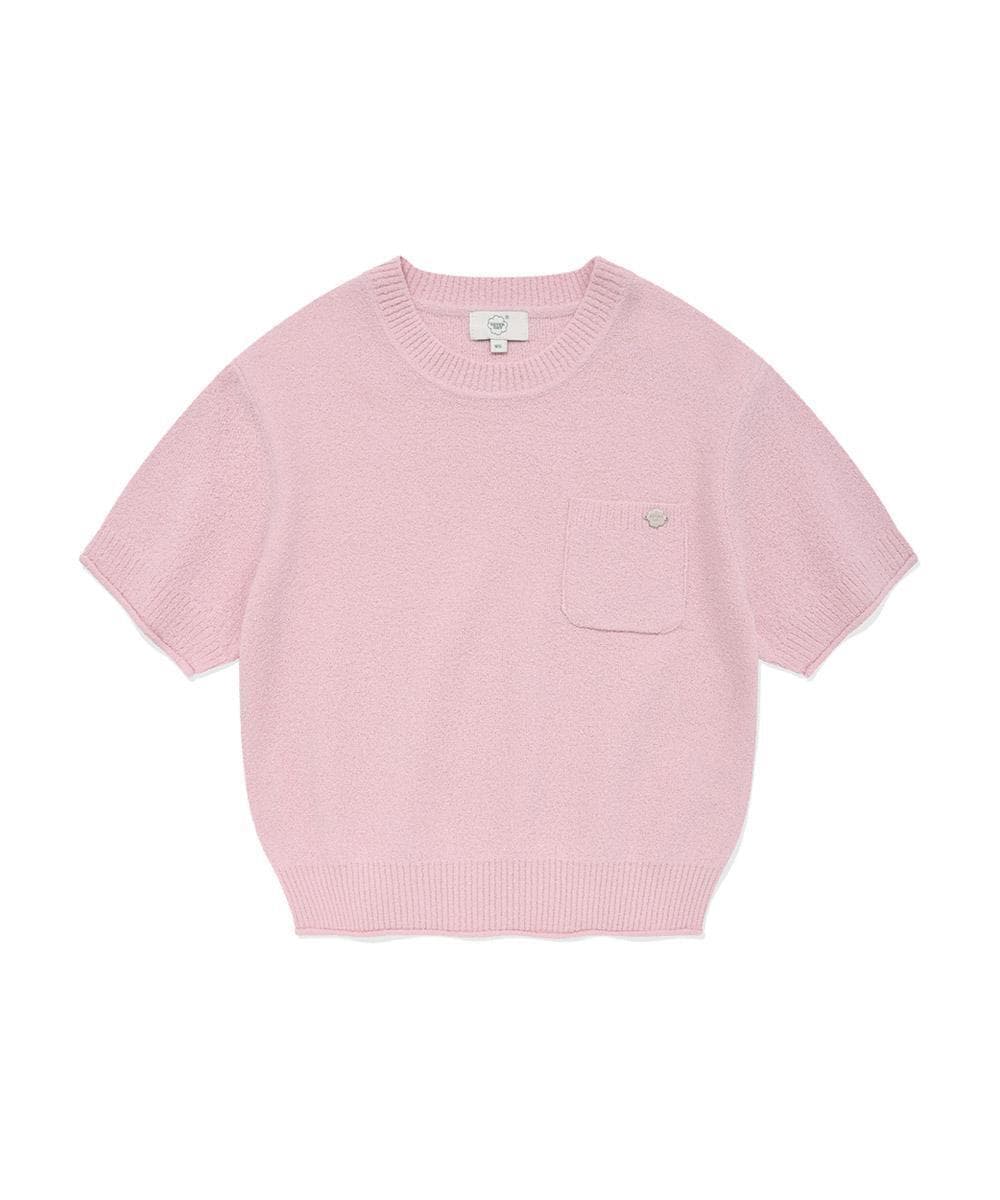 우먼 라운드 부클 반팔 니트 Pink
