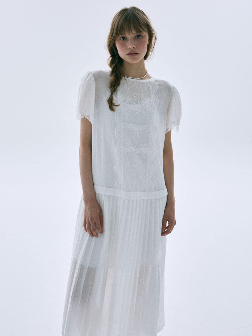 SHEER COTTON PLEATED MAXI DRESS LACE_WHITE