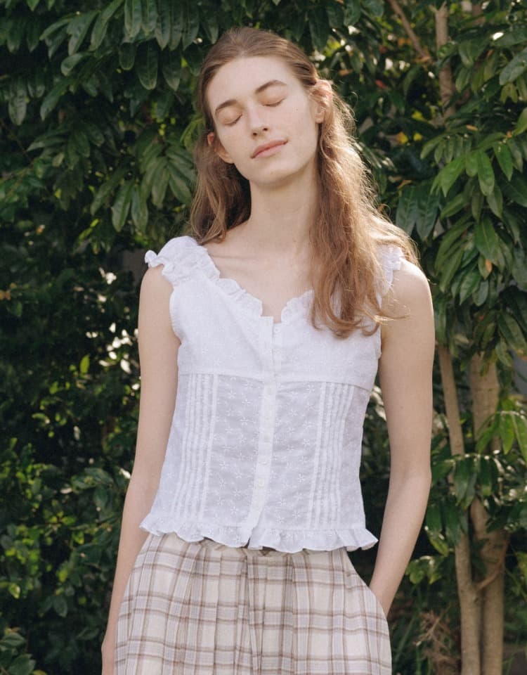 flower lace shirring blouse - white