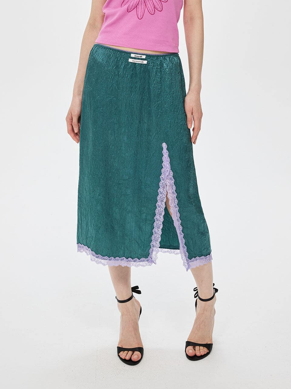 SATIN MAXI SKIRT DOUBLE LABEL LACE_DARKGREEN