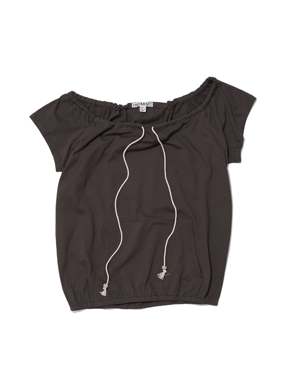 DRAWSTRING OFF-SHOULDER SHORT SLEEVE TEE_DARK BROWN