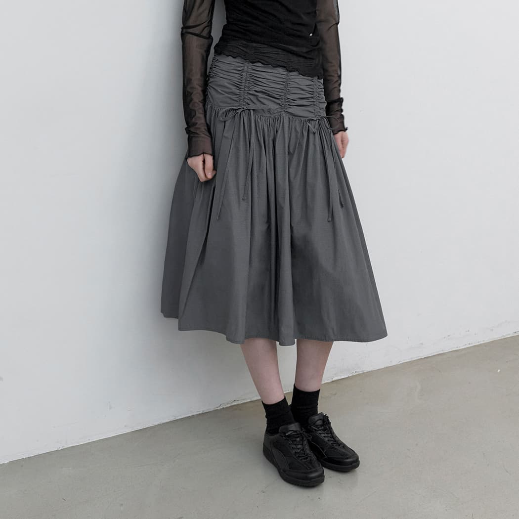 (SK-5079)MICRO CHECK SHIRRING MIDI SKIRT