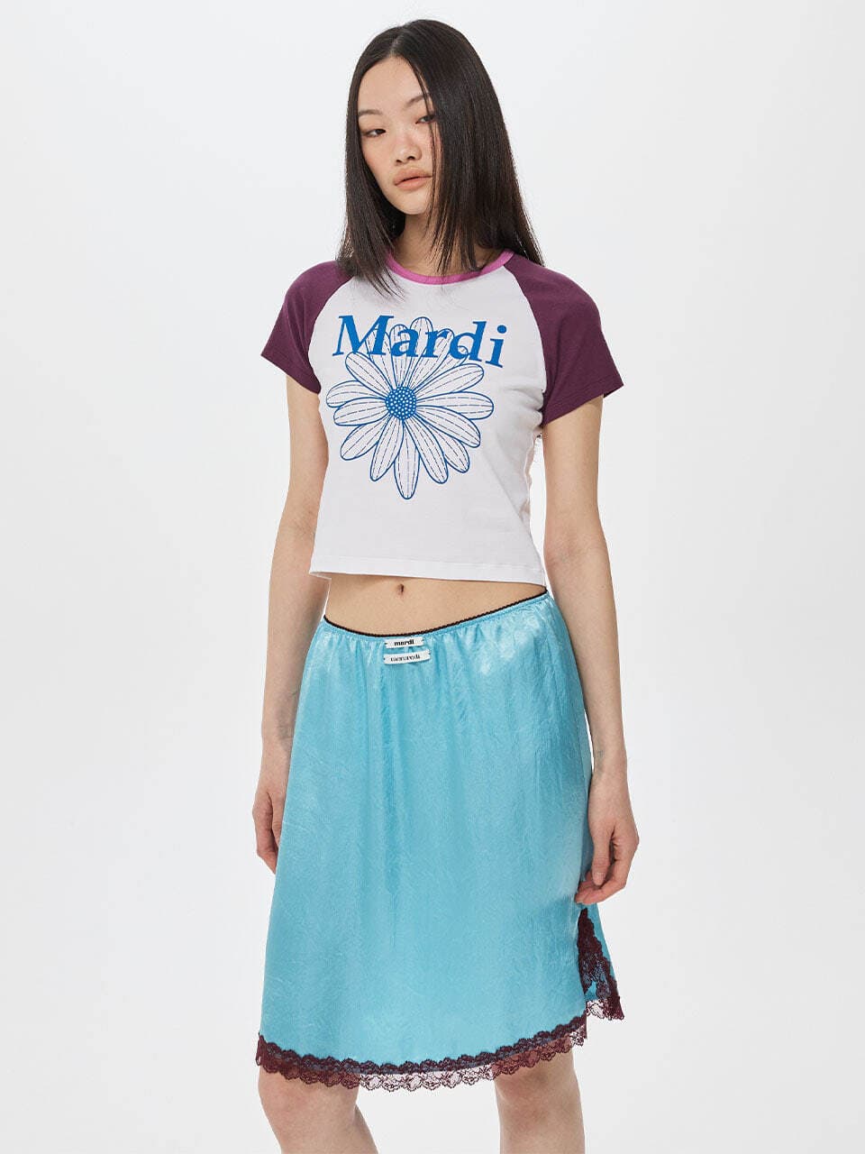 SATIN MIDI SKIRT DOUBLE LABEL LACE_BLUE