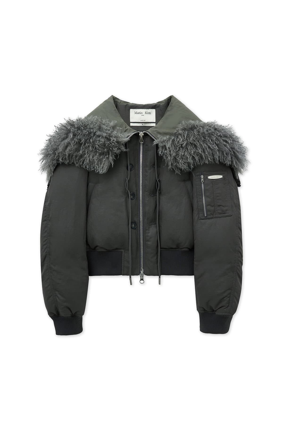 FUR HOODY BOMBER DOWN JUMPER IN DARK GREY