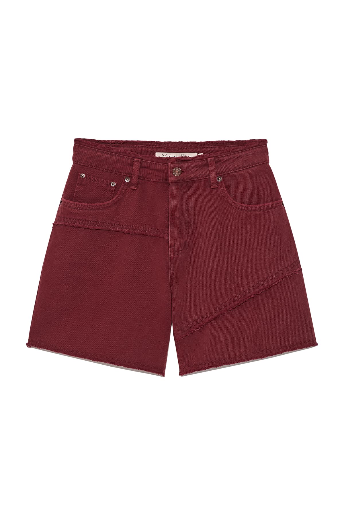 CUT LINE POINT DENIM SHORTS IN RED
