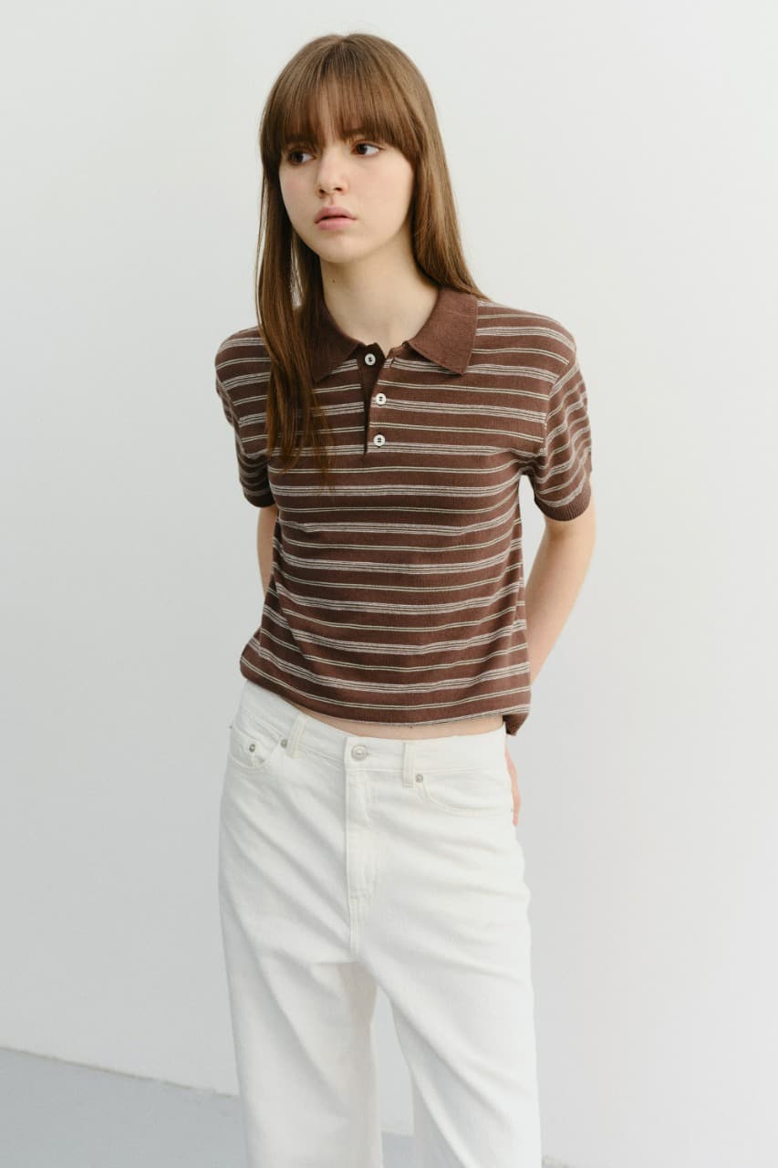 UNISEX STRIPED POLO KNIT BROWN MINT_UDSW6B127W2