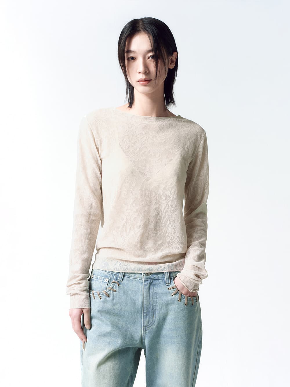 패턴 시어 롱슬리브 BEIGE