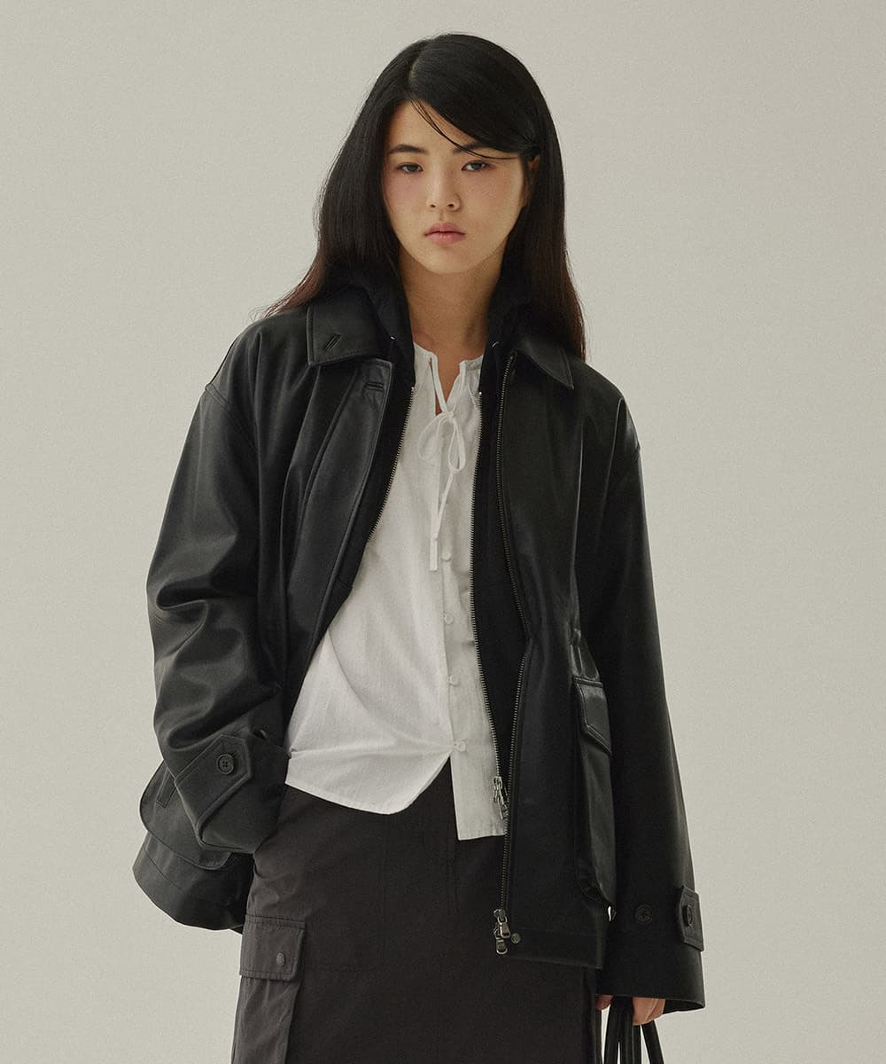 우먼 포켓 페이크 레더 자켓 Black