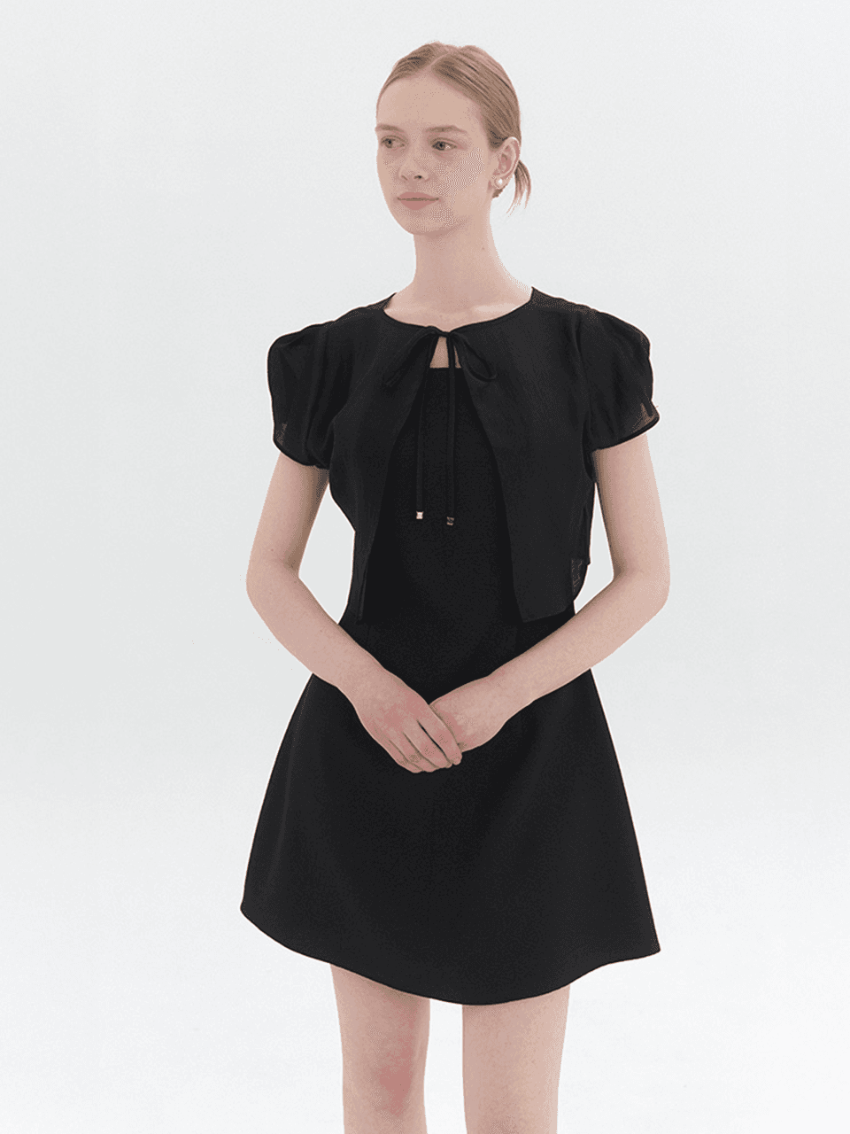 Chiffon Bolero Blouse & Tweed Layered Dress / Black(2color)