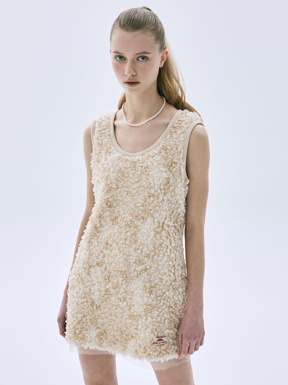 BOUCLE FUR DRESS SLEEVELESS_BEIGE