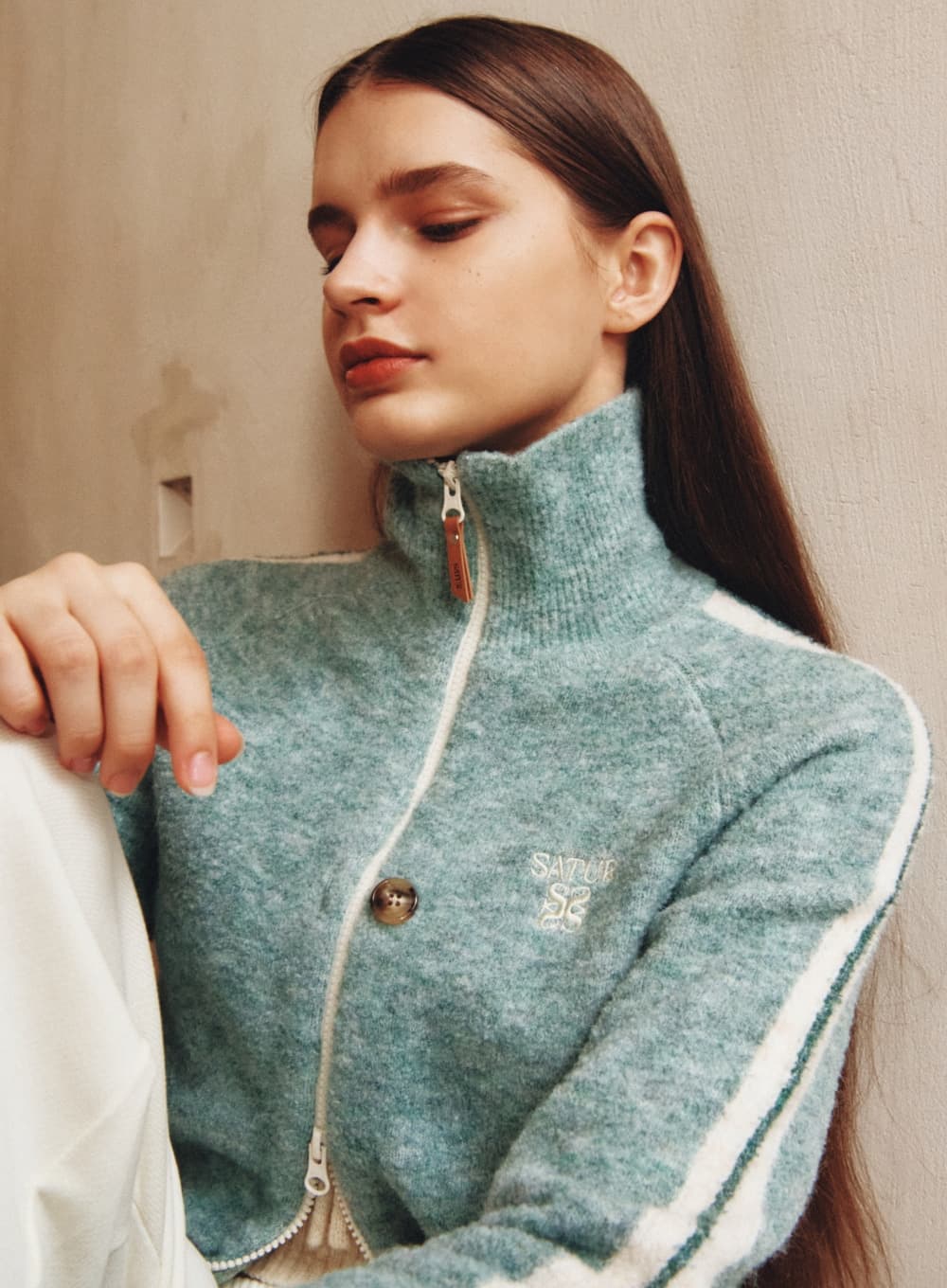 (W) Lawton Boucle Knit Zip-up - Mint