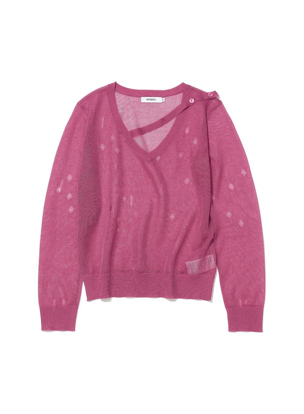 SHEER DISTRESSED V-NECK KNIT TOP_FUCHSIA PINK