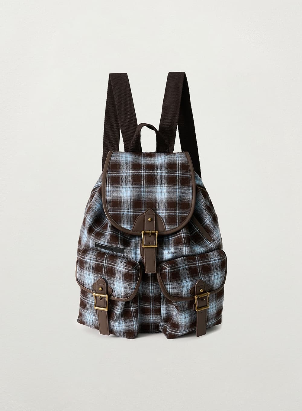 Check Pattern Pocket Bucket Backpack - Blue