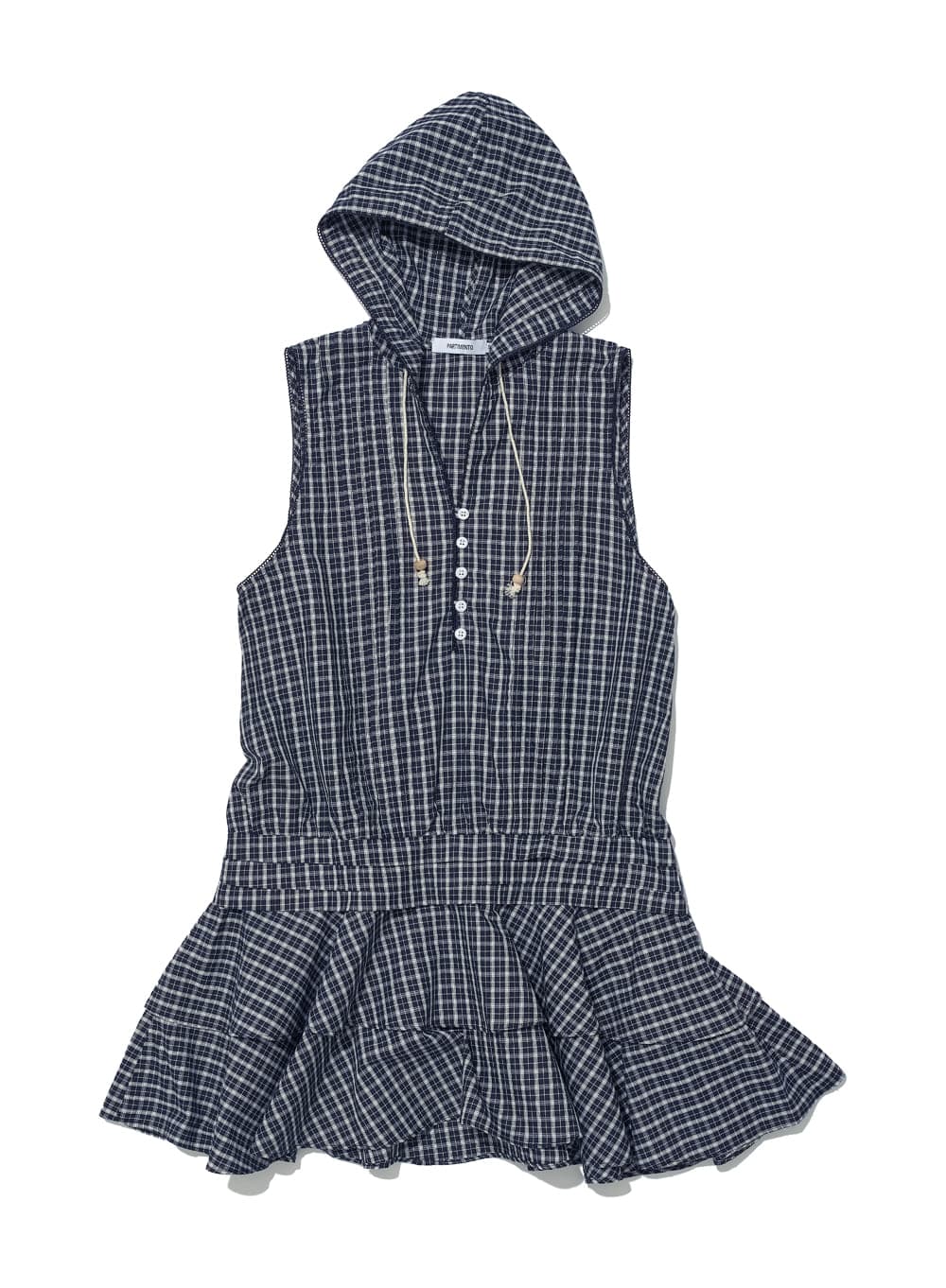 HOODED RUFFLE-HEM TUNIC DRESS_NAVY CHECK