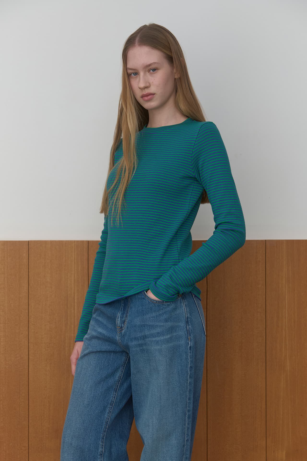 STRIPE LONG SLEEVE T-SHIRT_GREEN/BLUE