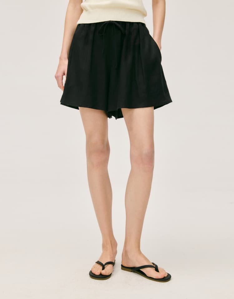 linen shirring pants - black