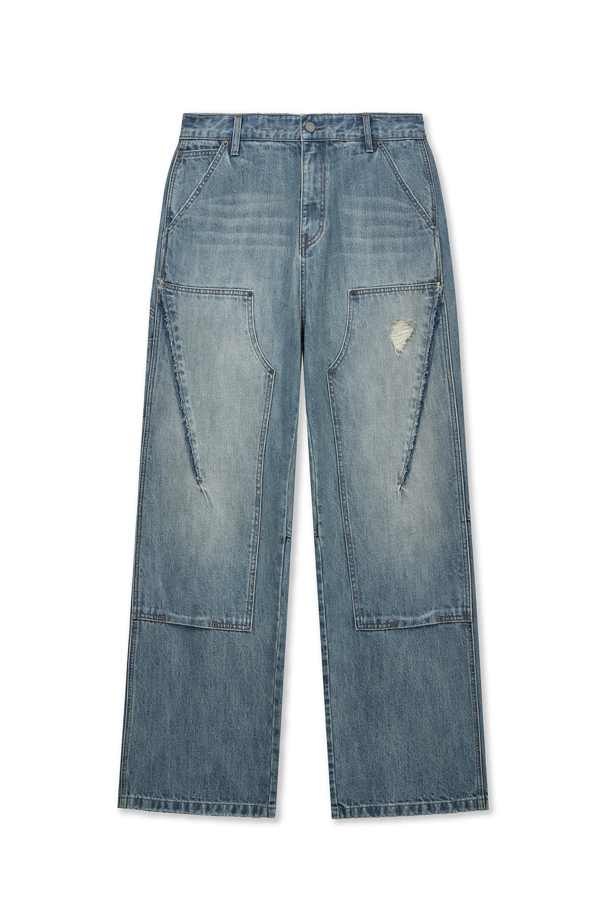 VINTAGE WASHED DOUBLE KNEE DENIM PANTS FOR MEN IN BLUE
