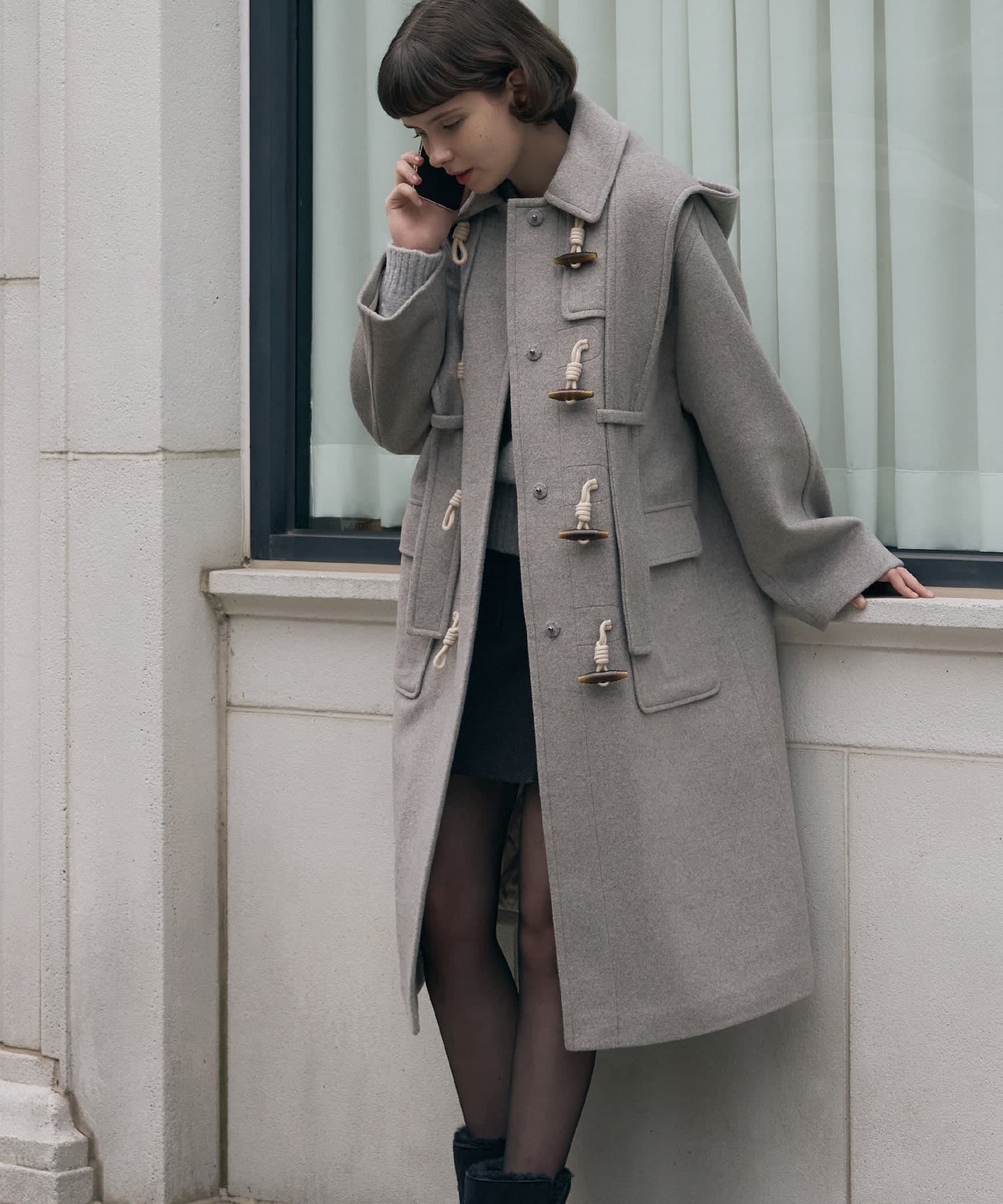 소프트 캐시미어 후드 스카프 더플 코트 [M.GREY]