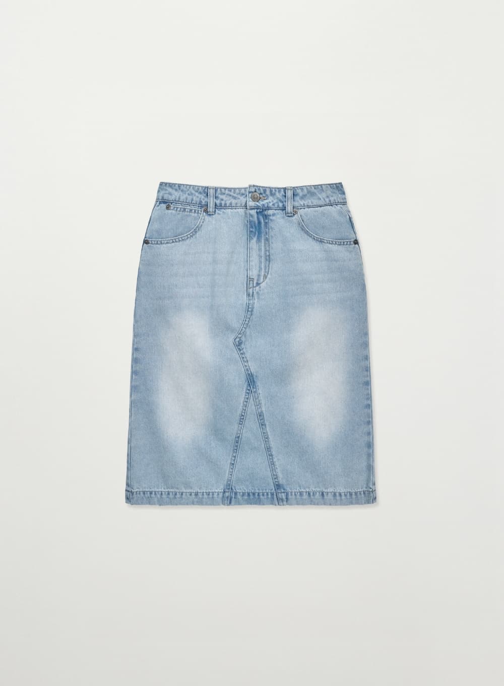 (W) Washed Denim Midi Skirt - Light Blue