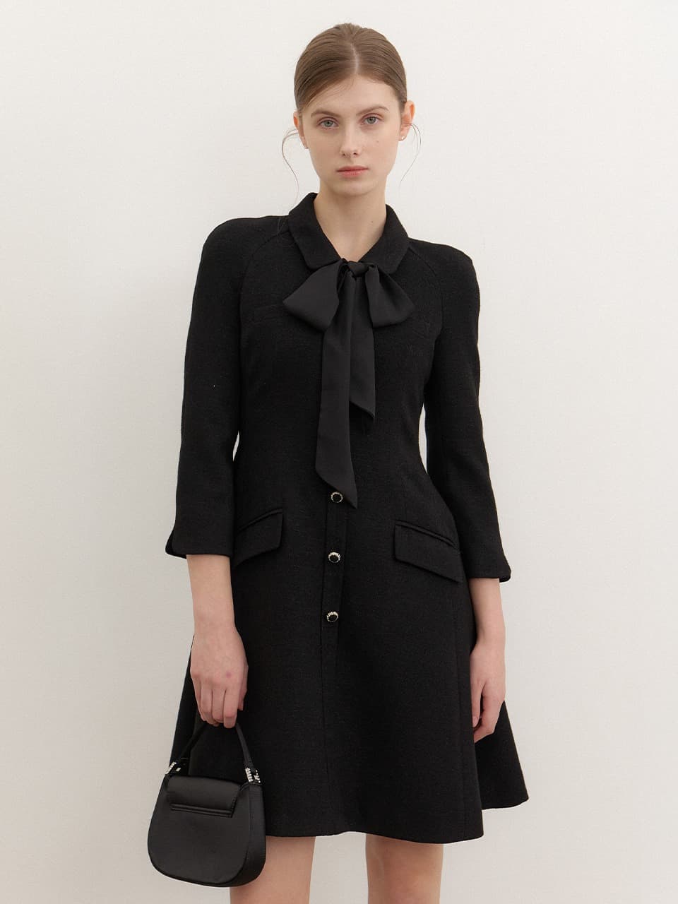 Tweed Chiffon-Trim Midi Dress / Black(3Color)
