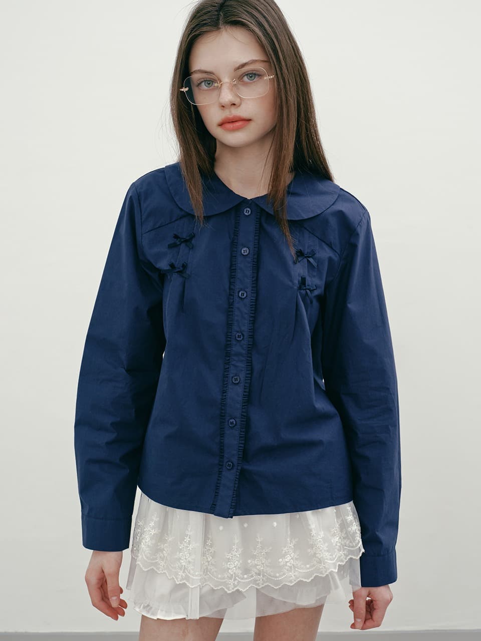 RIBBON PINTUCK BLOUSE (NAVY)