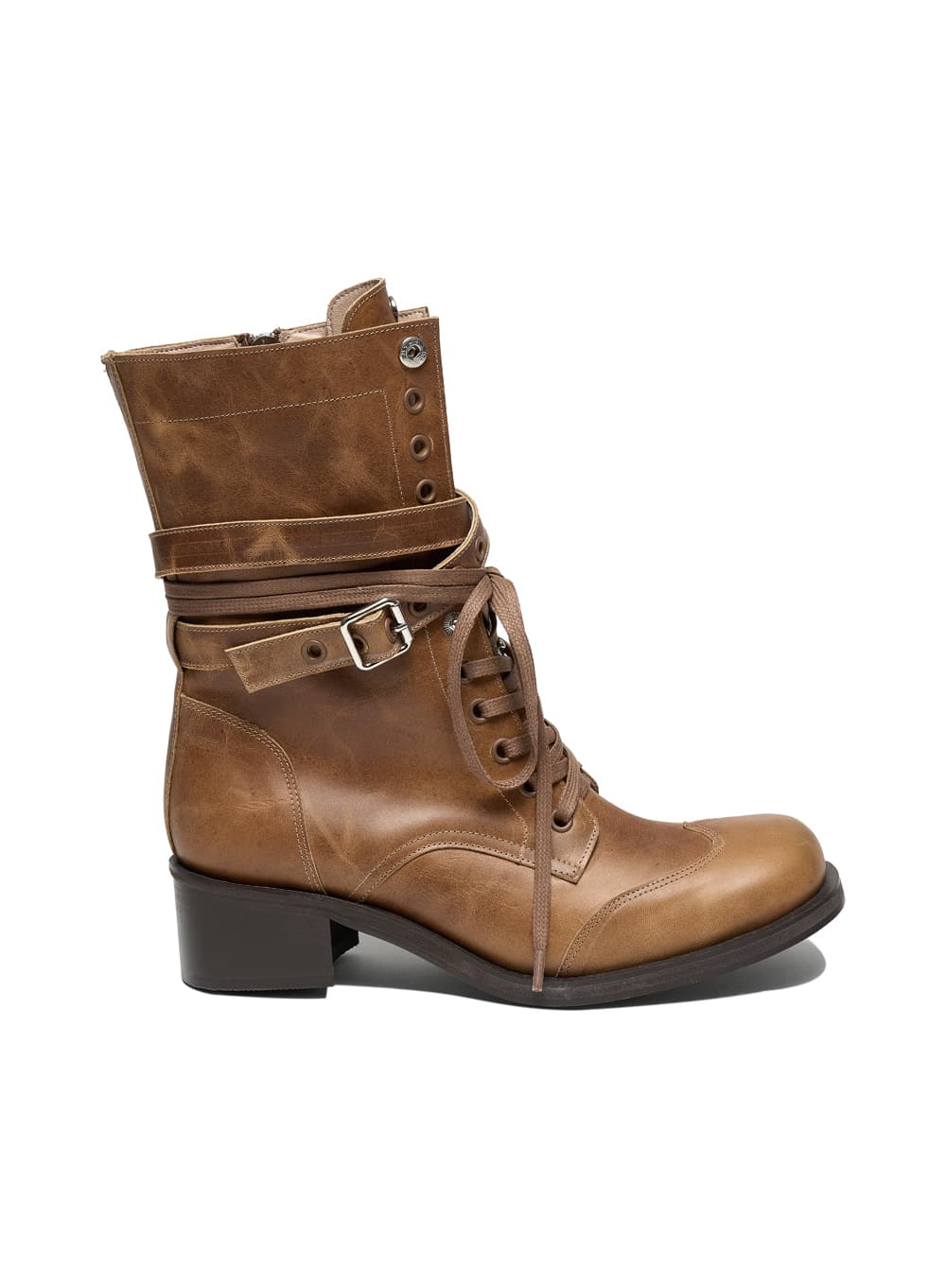 LEATHER BUCKLE STRAP LACE-UP BOOTS_CAMEL