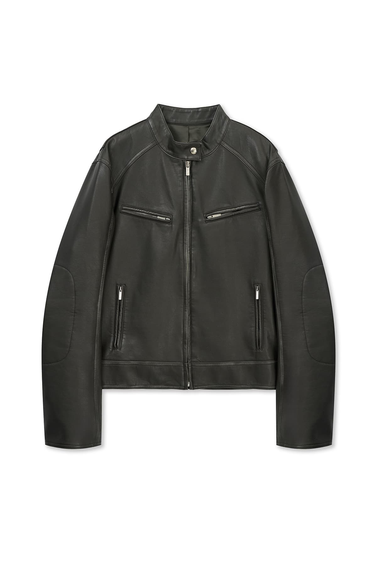 WASHED FAUX LEATHER RACER JUMPER IN CHARCOAL