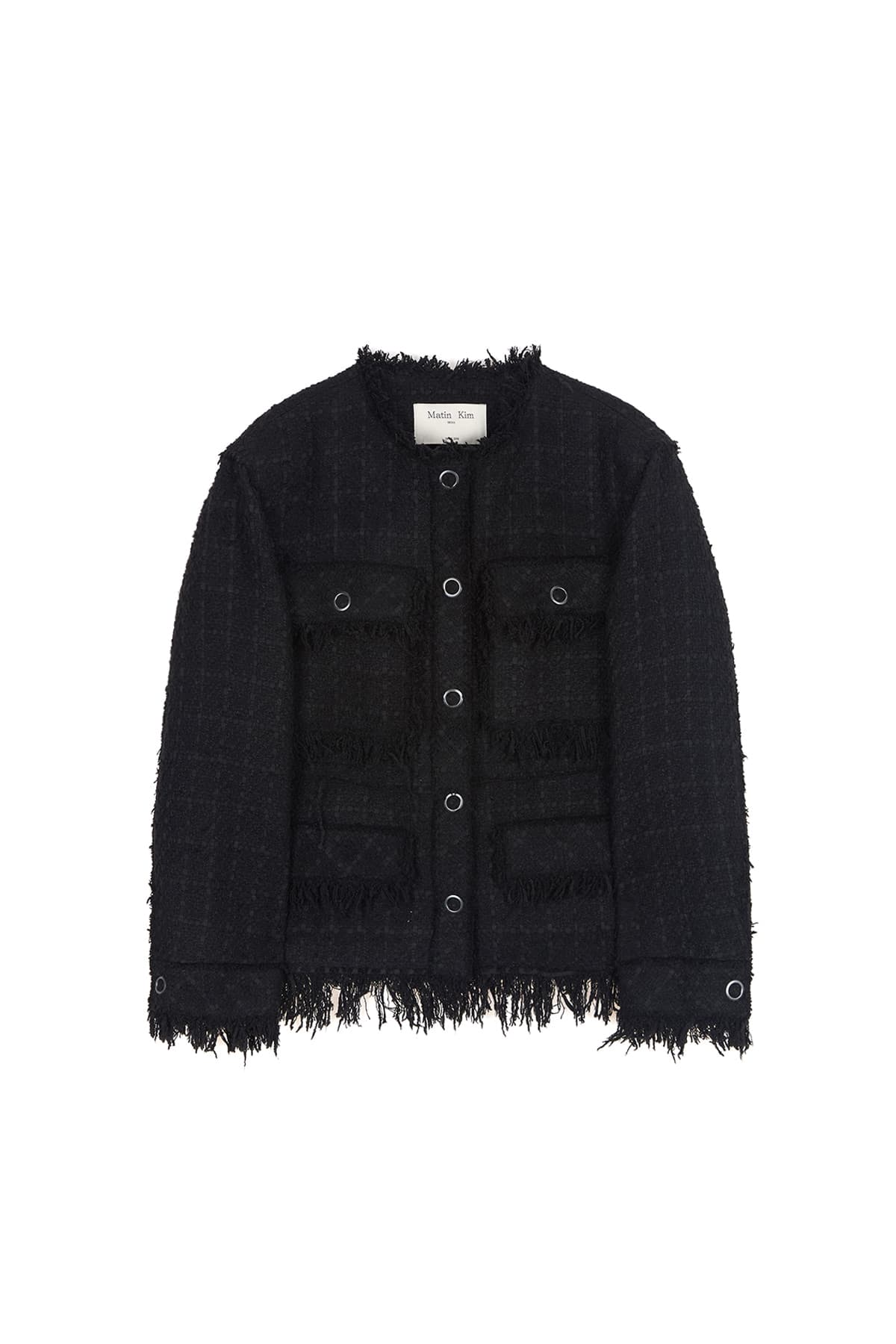 TWO WAY COLLARLESS TWEED JACKET IN BLACK