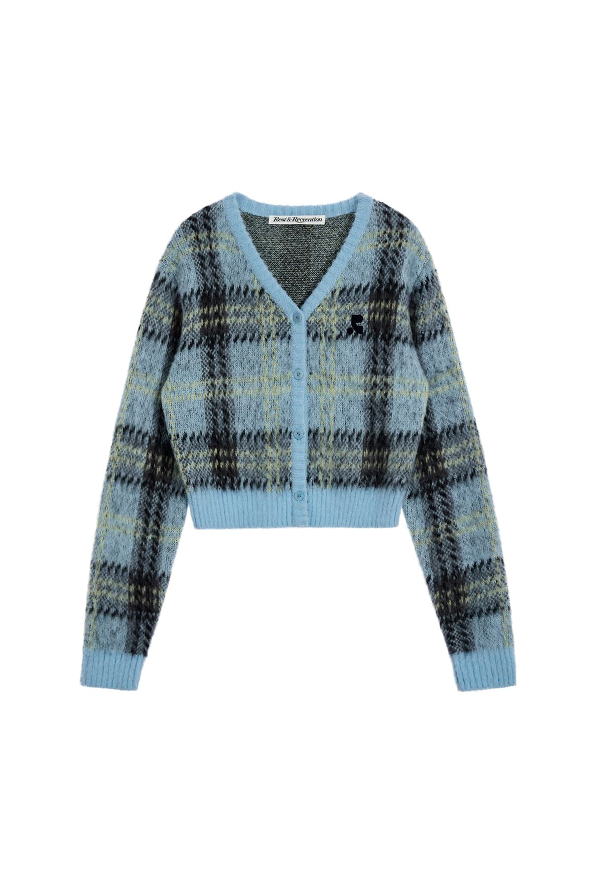CHECK PATTERN HAIRY KNIT CARDIGAN - SKY BLUE