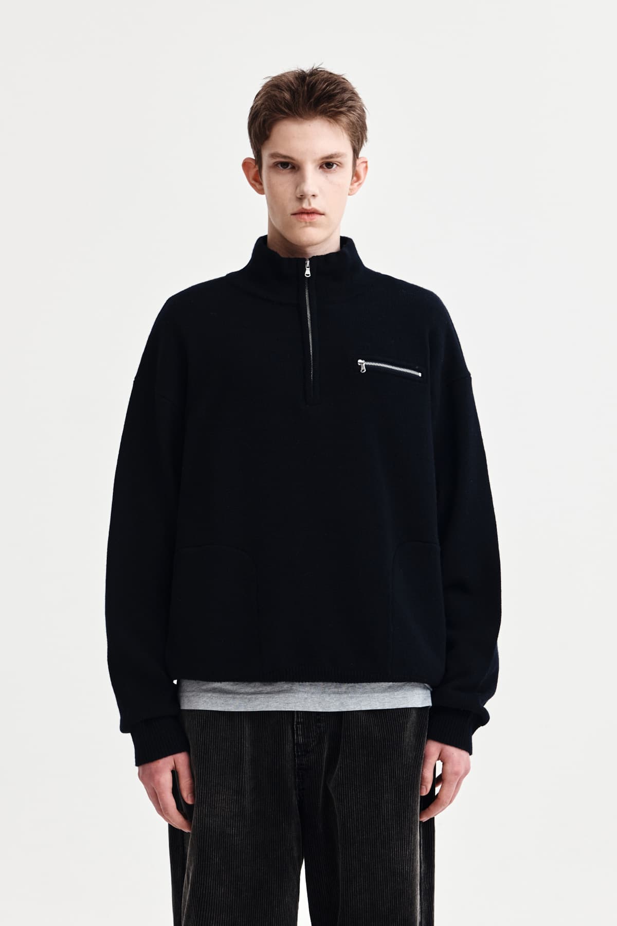 BACK LOGO HALF KNIT ZIP UP PULLOVER FOR MEN IN NAVY