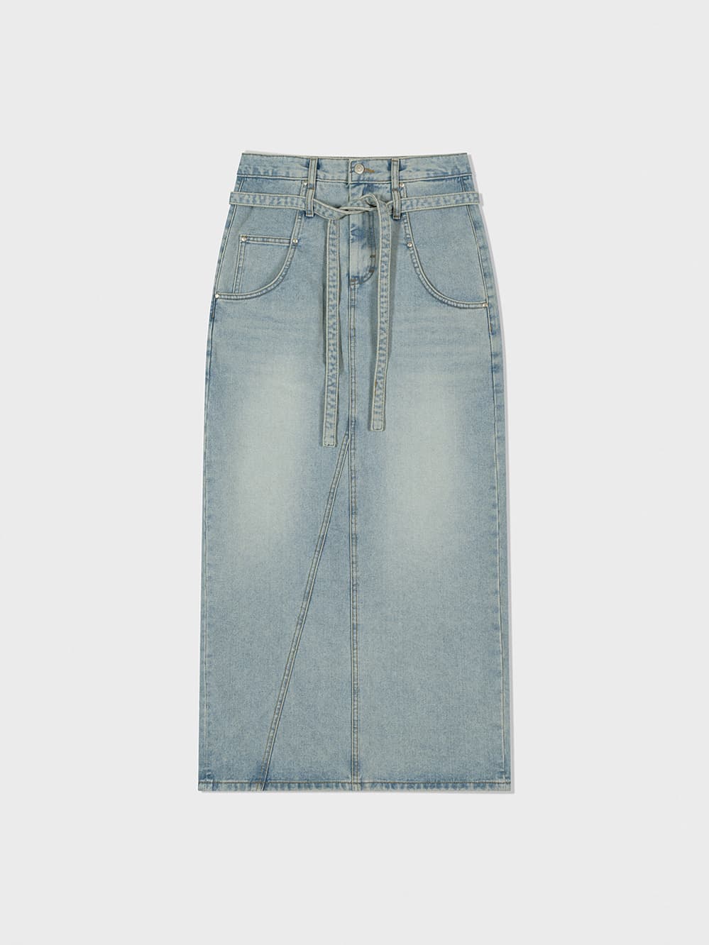 Belted High Waist Denim Skirt_Blue