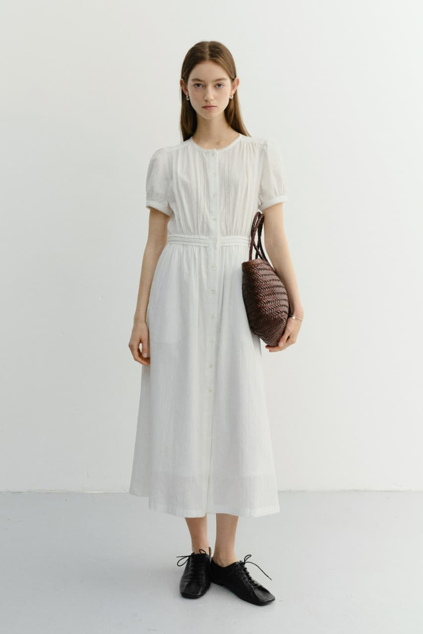 MAXI SHIRRING HALF SLEEVE DRESS IVORY_UDDR6B221IV