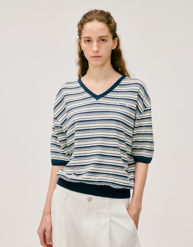 linen cotton stripe pullover - navy
