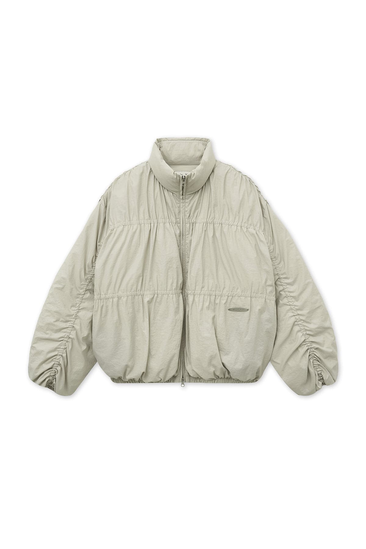 HIGH NECK SHIRRING DOWN JUMPER IN LIGHT BEIGE