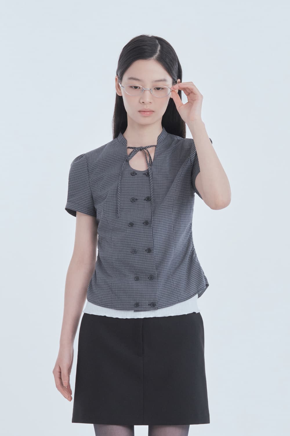 String Tie Double Button Blouse - Check