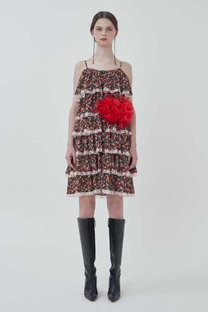 Floral Tiered Ruffle Dress (Red)