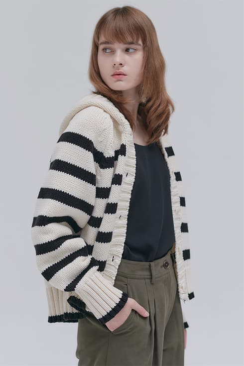 23FN cable hoody stripe cardigan [IV/ST]