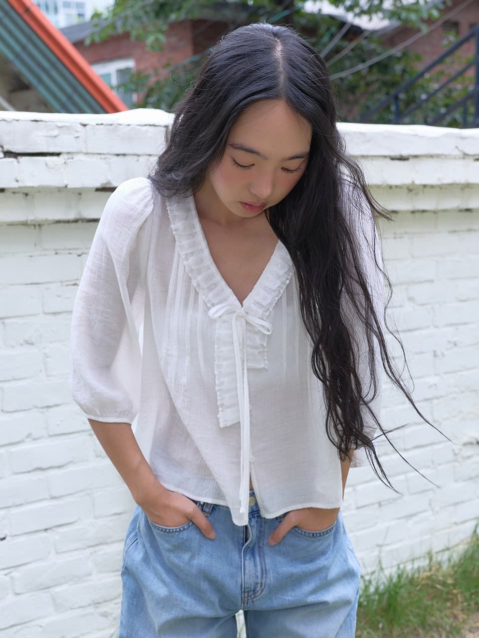 LACE PINTUCK BLOUSE (WHITE)