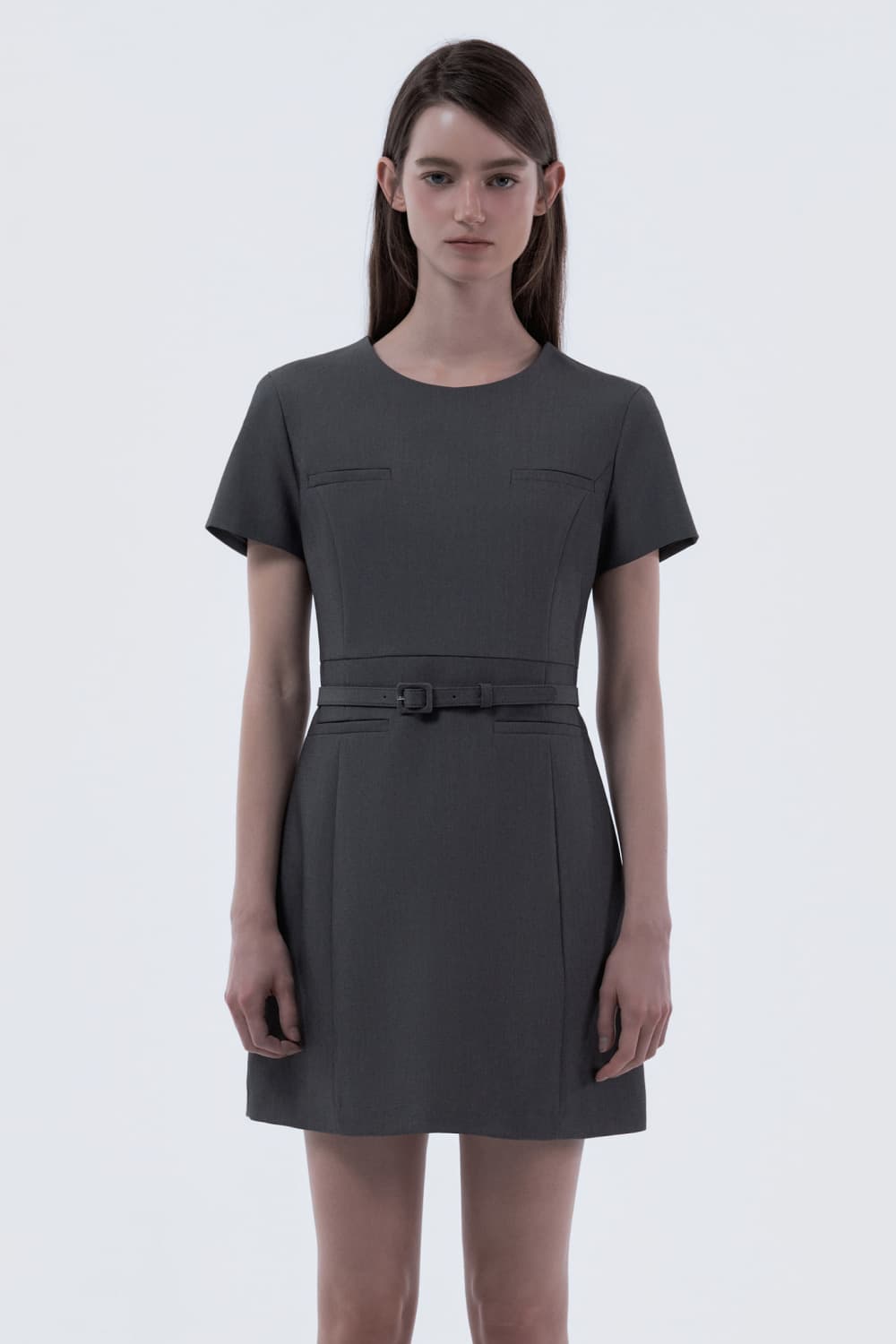 Belted Round Neck Suit Dress - Grey