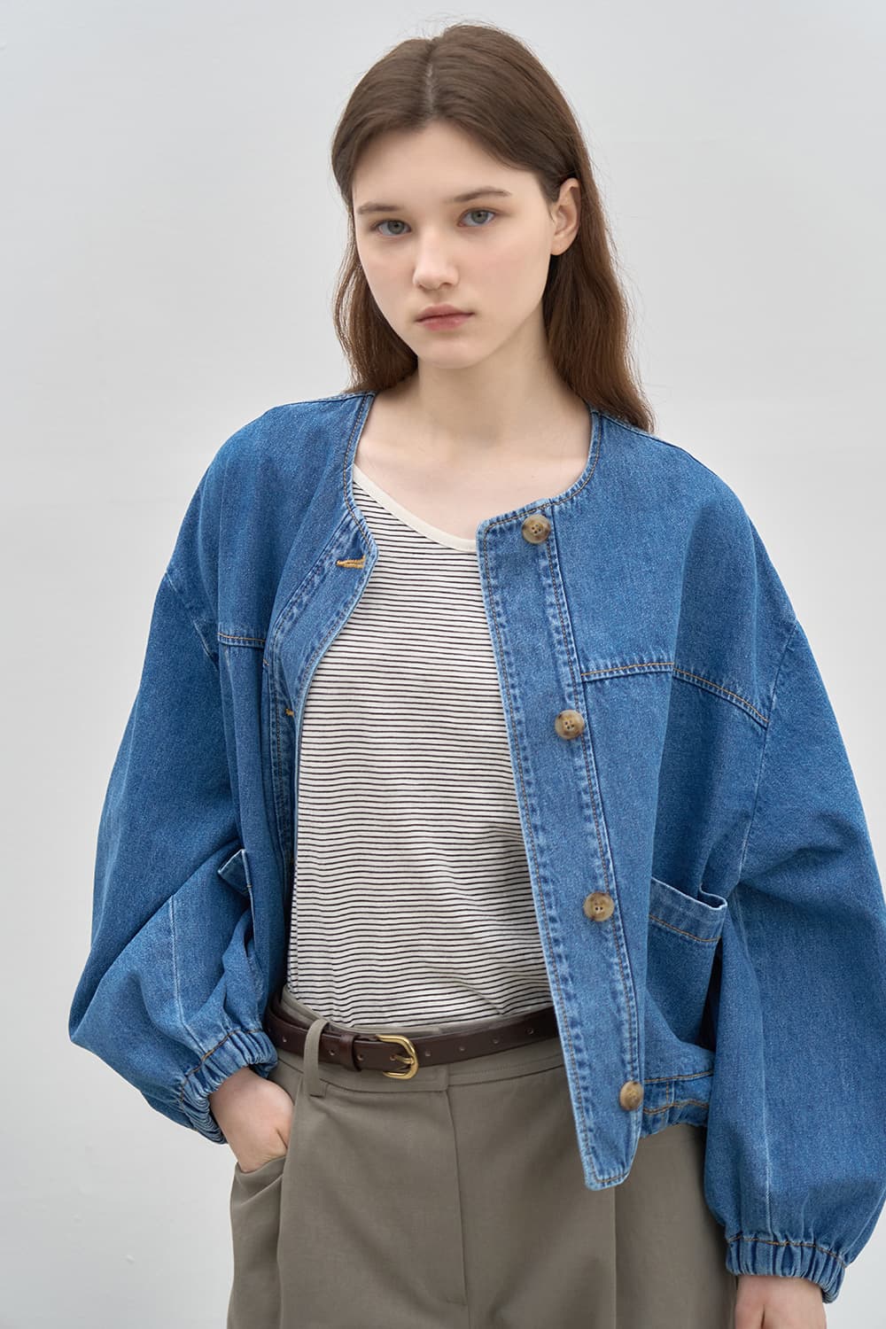 Collarless denim crop jacket Blue [N6SDN04]