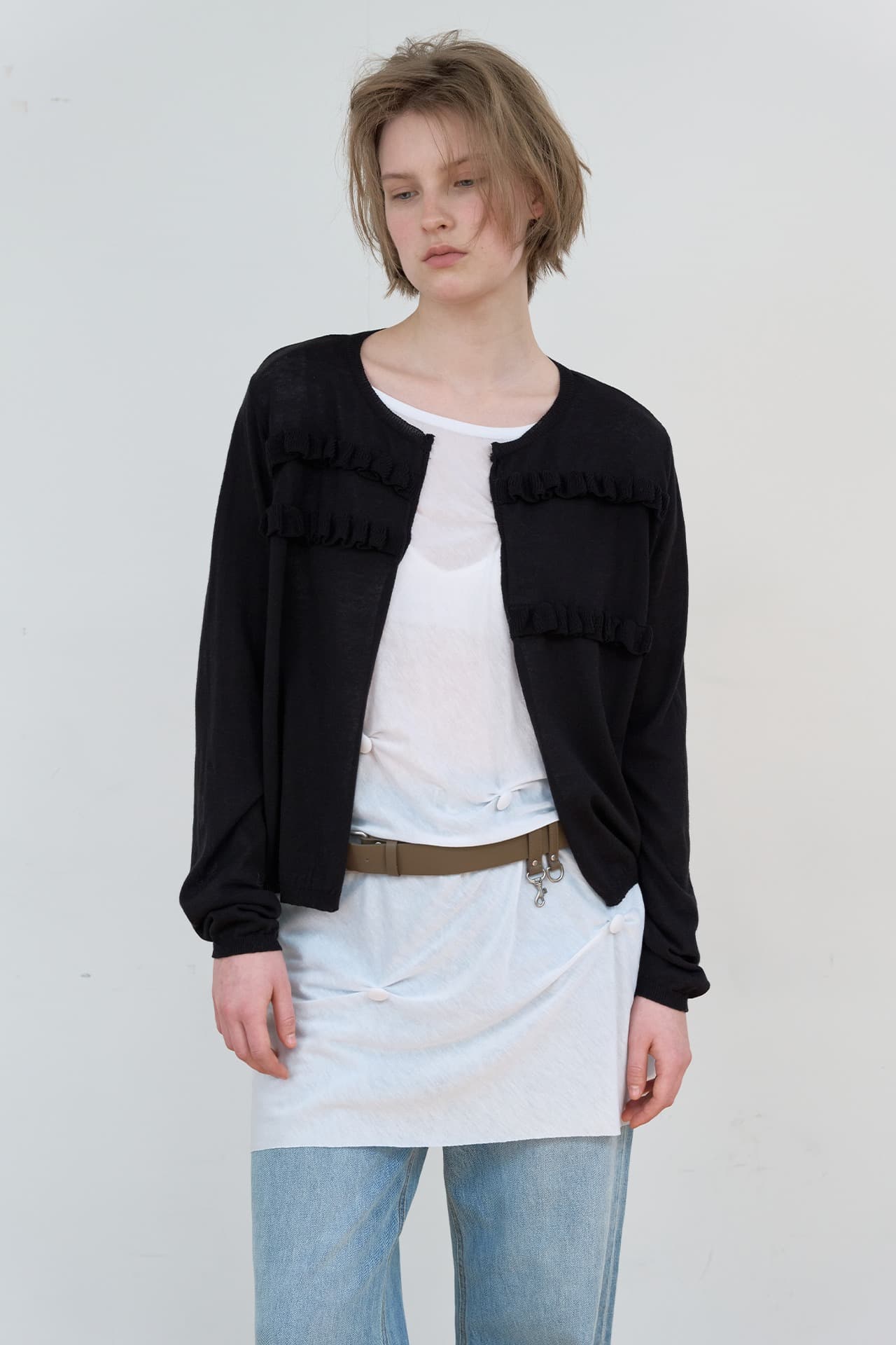 SHEER FRILL CARDIGAN_BLACK