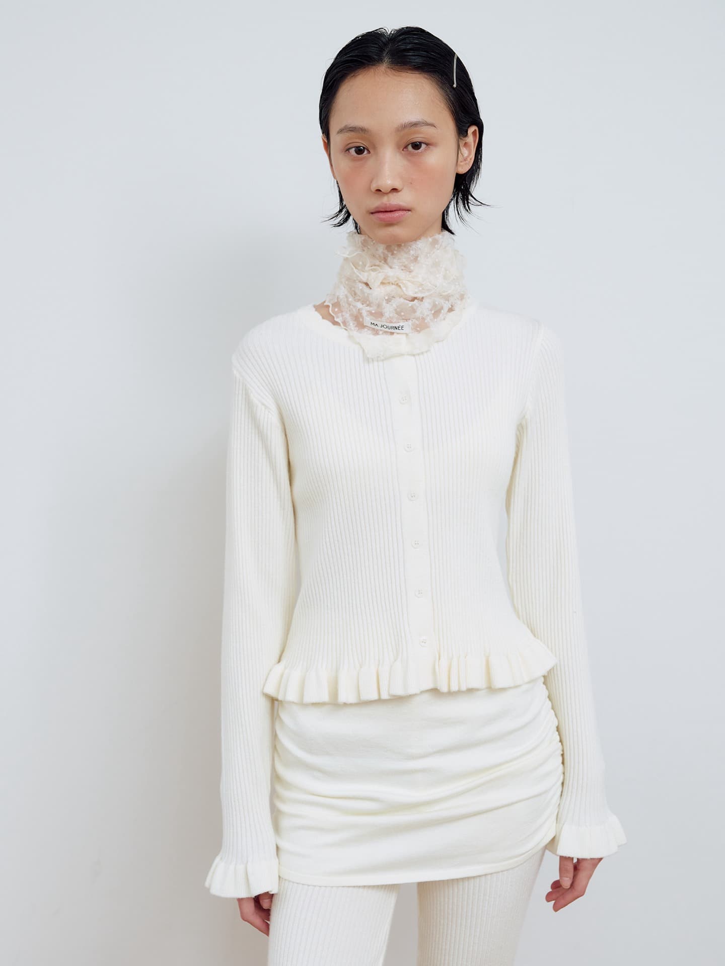 FRILL RIBBED CARDIGAN_IVORY