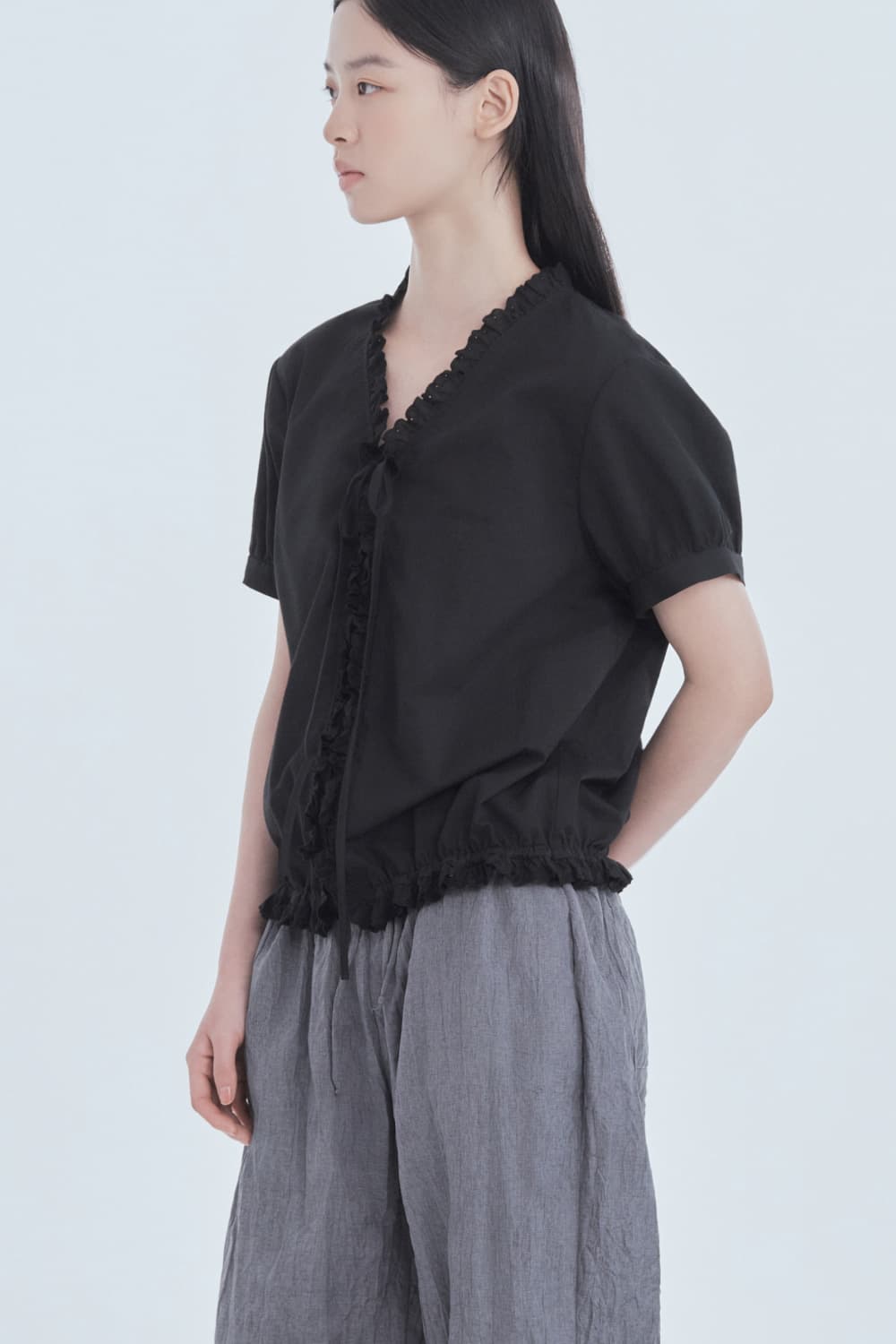 Ruffle Cotton Summer Blouse - Black