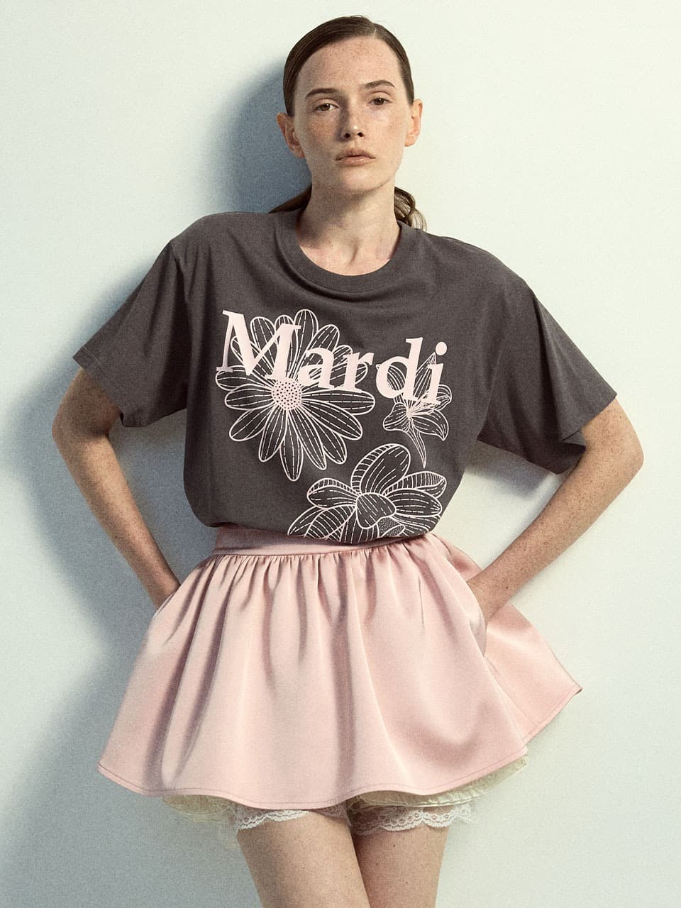 TSHIRT TRIPLE FLOWER_CHARCOAL PALEPINK