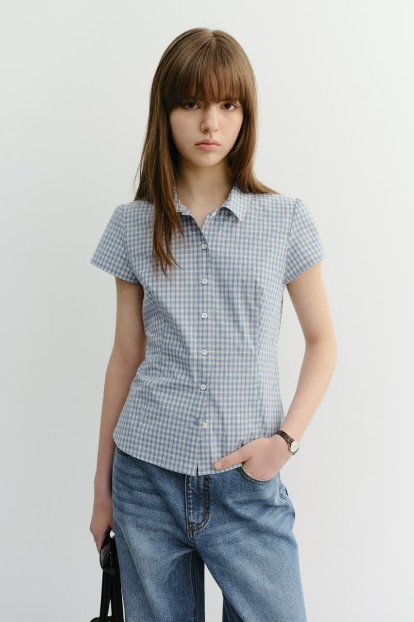 VINTAGE CAP SLEEVE SLIM SHIRT SOFT BLUE CHECK_UDSH6B222B1